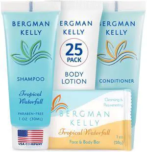 Hotel Toiletries Bundle - Tropical Waterfall, 1 oz each, 100 Pcs - 4-Piece Set: 25 Rectangular Bar Soap, 25 Shampoo, 25 Conditioner & 25 Body Lotion - Bulk Mini Guest Amenities Supply Hotel Toiletries Bundle - Tropical Waterfall, 1 oz each, 100 Pcs - 4-Piece Set: 25 Rectangular Bar Soap, 25 Shampoo, 25 Conditioner & 25 Body Lotion - Bulk Mini Guest Amenities Supply