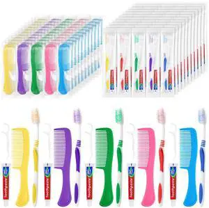 Travel Size Disposable Toothbrushes with Toothpaste Dental Floss Picks and Comb in Bulk, Individually Wrapped Soft Bristle Hygiene Kits, for Hotel Charity Homeless Shelter in 5 Colors (100) Travel Size Disposable Toothbrushes with Toothpaste Dental Floss Picks and Comb in Bulk, Individually Wrapped Soft Bristle Hygiene Kits, for Hotel Charity Homeless Shelter in 5 Colors (100)