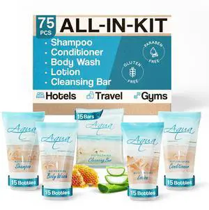 Aqua Organics Hotel Soaps & Toiletries Bulk Set | 1-Shoppe Amenities Kit | 1oz Shampoo & Conditioner, Body Wash, Lotion, 1oz Bar Soap | Travel Size | 75 Pieces Aqua Organics Hotel Soaps & Toiletries Bulk Set | 1-Shoppe Amenities Kit | 1oz Shampoo & Conditioner, Body Wash, Lotion, 1oz Bar Soap | Travel Size | 75 Pieces