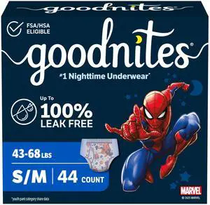 Boys' Nighttime Bedwetting Underwear, Size S/M (43-68 lbs), 44 Ct (2 Packs of 22), Packaging May Vary Boys' Nighttime Bedwetting Underwear, Size S/M (43-68 lbs), 44 Ct (2 Packs of 22), Packaging May Vary