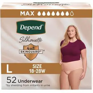 Silhouette Adult Diapers, Incontinence & Postpartum Bladder Leak Underwear for Women, Maximum Absorbency, Large, Pink, 52 Count (2 Packs of 26), Packaging May Vary Silhouette Adult Diapers, Incontinence & Postpartum Bladder Leak Underwear for Women, Maximum Absorbency, Large, Pink, 52 Count (2 Packs of 26), Packaging May Vary