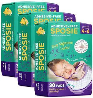 Sposie Overnight Diaper Booster Pads, Stops Leaks and Bedwetting, Original Adhesive-Free Absorbent Inserts, Helps Reduce Nighttime Changes and Rash, Use with Sizes 4-6, Made in U.S.A. 90 ct. Sposie Overnight Diaper Booster Pads, Stops Leaks and Bedwetting, Original Adhesive-Free Absorbent Inserts, Helps Reduce Nighttime Changes and Rash, Use with Sizes 4-6, Made in U.S.A. 90 ct.