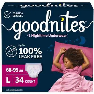 Girls' Nighttime Bedwetting Underwear, Size Large (68-95 lbs), 34 Ct (2 Packs of 17), Packaging May Vary Girls' Nighttime Bedwetting Underwear, Size Large (68-95 lbs), 34 Ct (2 Packs of 17), Packaging May Vary