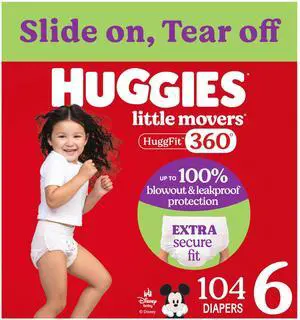Size 6 Baby Diapers, Little Movers HuggFit 360° Baby Diapers with 360° Waistband, Size 6 (35+ lbs), 104 Count (2 Packs of 52), Packaging May Vary Size 6 Baby Diapers, Little Movers HuggFit 360° Baby Diapers with 360° Waistband, Size 6 (35+ lbs), 104 Count (2 Packs of 52), Packaging May Vary