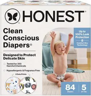 Comfort Dry Disposable Daytime Diapers for Sensitive Skin, Hypoallergenic, All The Letters + It's a Pawty, Super Club Box, Size 5 (27 lbs), 84 Count Comfort Dry Disposable Daytime Diapers for Sensitive Skin, Hypoallergenic, All The Letters + It's a Pawty, Super Club Box, Size 5 (27 lbs), 84 Count