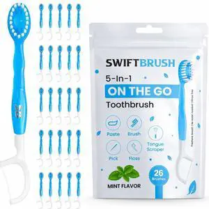 5-in-1 Disposable Travel Toothbrushes Mini Brushes with Toothpaste + Floss + Toothpick + Tongue Scraper | Individually Wrapped | Mint | 26 Count | SwiftBrush 5-in-1 Disposable Travel Toothbrushes Mini Brushes with Toothpaste + Floss + Toothpick + Tongue Scraper | Individually Wrapped | Mint | 26 Count | SwiftBrush