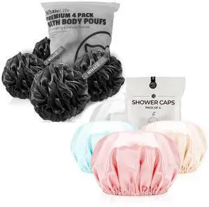Bath Loofahs Sponge Natural4 Pack (Black) & Shower Cap 4pack (Pink Blue Yellow Gray) for Men and Women Bath Loofahs Sponge Natural4 Pack (Black) & Shower Cap 4pack (Pink Blue Yellow Gray) for Men and Women