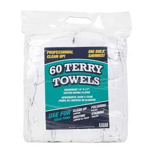 TT60 Terry Cloth Rags, Pack of 60, 100% Cotton Cleaning Towels for Kitchen, Auto Shop and Bar Use, Absorbent Machine Washable, 14 x 17 in, White TT60 Terry Cloth Rags, Pack of 60, 100% Cotton Cleaning Towels for Kitchen, Auto Shop and Bar Use, Absorbent Machine Washable, 14 x 17 in, White