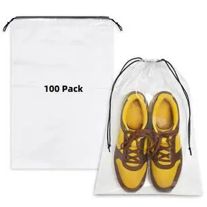 100 Pack Clear Shoe Bags for Travel, 12"x18" Large Travel Shoe Bags for Storage and Packing, Waterproof Drawstring Shoe Bag for Traveling, Bulk Travel Essentials for Men and Women 100 Pack Clear Shoe Bags for Travel, 12"x18" Large Travel Shoe Bags for Storage and Packing, Waterproof Drawstring Shoe Bag for Traveling, Bulk Travel Essentials for Men and Women