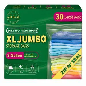 3 Gallon Large Plastic Storage Bags 16" x 18" (30 Count) Reusable XXL Extra Large Clear Jumbo Zip Bags with Sealable Zipper Top For Clothes, Travel, Moving 3 Gallon Large Plastic Storage Bags 16" x 18" (30 Count) Reusable XXL Extra Large Clear Jumbo Zip Bags with Sealable Zipper Top For Clothes, Travel, Moving