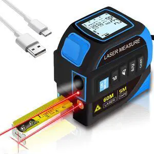 4-in-1 Laser Measure Tool - Digital LCD & Self-Locking, 196ft/60m Laser & 16ft/5m Tape, Cross Line & Dual-Axis Angle, Rechargeable for Pros 4-in-1 Laser Measure Tool - Digital LCD & Self-Locking, 196ft/60m Laser & 16ft/5m Tape, Cross Line & Dual-Axis Angle, Rechargeable for Pros