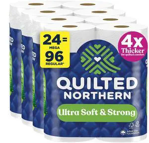Ultra Soft & Strong Toilet Paper, 24 Mega Rolls = 96 Regular Rolls, 5X Stronger*, Premium Soft Toilet Tissue Ultra Soft & Strong Toilet Paper, 24 Mega Rolls = 96 Regular Rolls, 5X Stronger*, Premium Soft Toilet Tissue