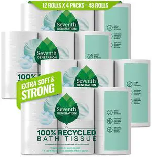 Toilet Paper, 100% Recycled 2-Ply Bath Tissue, 4 Pack x 12 Rolls of 240 Sheets, Extra Soft, Strong for Home & RV, Whitened without Chlorine Bleach, No Dyes, Fragrances, Septic Safe Toilet Paper, 100% Recycled 2-Ply Bath Tissue, 4 Pack x 12 Rolls of 240 Sheets, Extra Soft, Strong for Home & RV, Whitened without Chlorine Bleach, No Dyes, Fragrances, Septic Safe