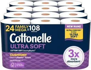 Ultra Soft Toilet Paper with Cushiony CleaningRipples Texture, Strong Bath Tissue, 24 Family Mega Rolls = 108 Regular Rolls (4 Packs of 6) Ultra Soft Toilet Paper with Cushiony CleaningRipples Texture, Strong Bath Tissue, 24 Family Mega Rolls = 108 Regular Rolls (4 Packs of 6)