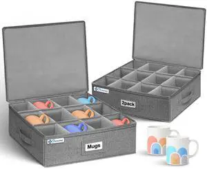 Mug Storage Organizer w/Hard Shell Sides & Bottom, Padded Dividers, 2-Pack Stackable Coffee Mug Storage Boxes for Tea Cups, China Storage Containers for Packing & Moving Mug Storage Organizer w/Hard Shell Sides & Bottom, Padded Dividers, 2-Pack Stackable Coffee Mug Storage Boxes for Tea Cups, China Storage Containers for Packing & Moving