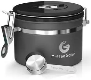 Coffee Canister, 11oz Airtight Stainless Steel Kitchen Food Storage Container with Date-Tracker, CO2-Release Valve and Scoop for Beans, Grounds, Sugar, Cookies Jars, Tea, Cereal - Gray Coffee Canister, 11oz Airtight Stainless Steel Kitchen Food Storage Container with Date-Tracker, CO2-Release Valve and Scoop for Beans, Grounds, Sugar, Cookies Jars, Tea, Cereal - Gray