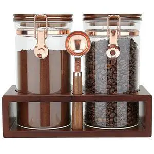 Glass Coffee Container with Wooden Shelf, 2 x 40 FLOZ Coffee Bean Storage with Sealed Closure Clips and Copper Spoon, Kitchen Large Capacity Food Storage Jar, Ground Coffee Container Glass Coffee Container with Wooden Shelf, 2 x 40 FLOZ Coffee Bean Storage with Sealed Closure Clips and Copper Spoon, Kitchen Large Capacity Food Storage Jar, Ground Coffee Container