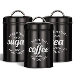 3 Piece Food Jars Canisters Sets, Airtight Coffee Container, Tea Organizer, And Sugar Canister, Rustic Farmhouse Decor for Kitchen Countertop (Black) 3 Piece Food Jars Canisters Sets, Airtight Coffee Container, Tea Organizer, And Sugar Canister, Rustic Farmhouse Decor for Kitchen Countertop (Black)
