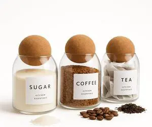 Coffee Tea Sugar Container Set - 3 Unique Cork Ball (17oz) Glass Jars -Kitchen Canister Set of 3-Jars for Coffee Station Coffee Tea Sugar Container Set - 3 Unique Cork Ball (17oz) Glass Jars -Kitchen Canister Set of 3-Jars for Coffee Station