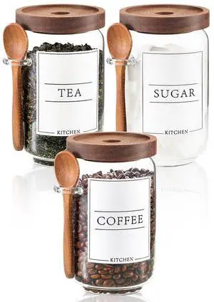 Coffee and Sugar Container Set, Glass Coffee Jars with Wooden Lids and Scoops, Decorative Sugar Tea Creamer Canisters for Kitchen Countertop (25oz) Coffee and Sugar Container Set, Glass Coffee Jars with Wooden Lids and Scoops, Decorative Sugar Tea Creamer Canisters for Kitchen Countertop (25oz)