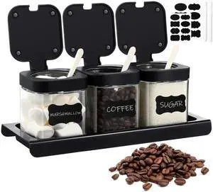 3 Pcs Glass Coffee Containers Coffee Station Organizer Set, Airtight Bean Storage Jars with Shelf,labels,spoon, Base and Pen,for Sugar, Candy, Oats, Nuts(Black) 3 Pcs Glass Coffee Containers Coffee Station Organizer Set, Airtight Bean Storage Jars with Shelf,labels,spoon, Base and Pen,for Sugar, Candy, Oats, Nuts(Black)