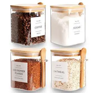 Set of 4 Square Glass Jar with Bamboo Lids and Spoons Airtight 27 oz Borosilicate Glass Food Storage Contaienrs with 132 Kitchen Pantry Labels for Coffee, Tea, Sugar Set of 4 Square Glass Jar with Bamboo Lids and Spoons Airtight 27 oz Borosilicate Glass Food Storage Contaienrs with 132 Kitchen Pantry Labels for Coffee, Tea, Sugar