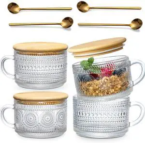 4pcs Set Vintage Coffee Mugs gifts for women, Overnight Oats Containers with Bamboo Lids and Spoons - 14oz Clear Embossed Glass Cups, Cute Coffee Bar Accessories, Iced Coffee Glasses 4pcs Set Vintage Coffee Mugs gifts for women, Overnight Oats Containers with Bamboo Lids and Spoons - 14oz Clear Embossed Glass Cups, Cute Coffee Bar Accessories, Iced Coffee Glasses