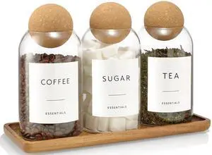 Coffee Sugar Tea Container Set, 3 Pack Glass Jars with Cork Lids, Apothecary Jars with Tray for Bathroom, Decorative Qtip and Cotton Ball Holder, Cute Display Jars for Coffee Bar (27oz) Coffee Sugar Tea Container Set, 3 Pack Glass Jars with Cork Lids, Apothecary Jars with Tray for Bathroom, Decorative Qtip and Cotton Ball Holder, Cute Display Jars for Coffee Bar (27oz)