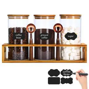 Glass Coffee Containers Airtight Coffee Bean Storage Canisters with Shelf, 3Pcs 44oz Coffee Station Organizer, Kitchen Food Storage Jars for Sugar, Candy, Oats, Nuts Glass Coffee Containers Airtight Coffee Bean Storage Canisters with Shelf, 3Pcs 44oz Coffee Station Organizer, Kitchen Food Storage Jars for Sugar, Candy, Oats, Nuts