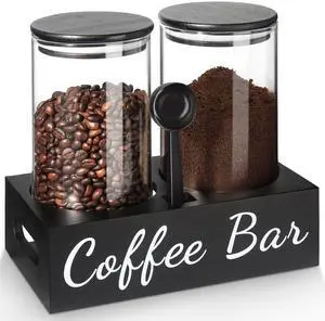 Coffee Container, 2 Pcs 50 Fl oz Airtight Bean Storage Canister, Black Glass Ground Coffee and Sugar Jar Set with Scoop/Shelf/Labels, Sugar/Tea Holder Containers for Cafe Bar Countertop Coffee Container, 2 Pcs 50 Fl oz Airtight Bean Storage Canister, Black Glass Ground Coffee and Sugar Jar Set with Scoop/Shelf/Labels, Sugar/Tea Holder Containers for Cafe Bar Countertop