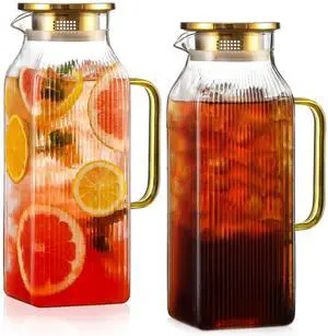 2 Pack 2 Liter/68 oz Square Glass Pitcher with Lid, Classic Stripes Water Pitchers with Handle for Fridge, Large Jug for Iced Tea, Coffee, Borosilicate Glass Carafe for Hot/Cold Brew Drink, Gold 2 Pack 2 Liter/68 oz Square Glass Pitcher with Lid, Classic Stripes Water Pitchers with Handle for Fridge, Large Jug for Iced Tea, Coffee, Borosilicate Glass Carafe for Hot/Cold Brew Drink, Gold