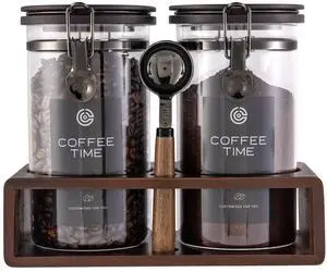 Glass Coffee Container with Wooden Shelf,2×45OZ Coffee and Sugar Container Set,Coffee Canisters with Airtight Lids and Scoop,Large Capacity Food Storage Jars for Coffee Beans (black) Glass Coffee Container with Wooden Shelf,2×45OZ Coffee and Sugar Container Set,Coffee Canisters with Airtight Lids and Scoop,Large Capacity Food Storage Jars for Coffee Beans (black)