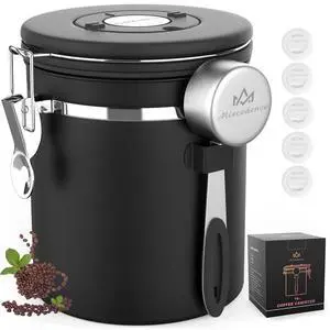 Coffee canister for ground coffee with Scoop Date Tracker One Way Co2 Valve 304 Stainless Steel Kitchen Food Airtight storage container for Coffee Beans,Grounds,Tea,Sugar (Black, 16oz) Coffee canister for ground coffee with Scoop Date Tracker One Way Co2 Valve 304 Stainless Steel Kitchen Food Airtight storage container for Coffee Beans,Grounds,Tea,Sugar (Black, 16oz)