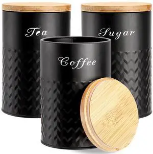 3 Pack Kitchen Canisters with Bamboo Lids, Airtight Metal Canister Set, Food Storage Containers Jars for Coffee, Sugar, Tea, Flour, Rustic Kitchen Decor Containers, Black 3 Pack Kitchen Canisters with Bamboo Lids, Airtight Metal Canister Set, Food Storage Containers Jars for Coffee, Sugar, Tea, Flour, Rustic Kitchen Decor Containers, Black