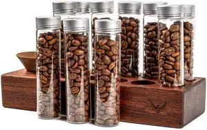 Single Dose Coffee Bean Storage Tubes Coffee Bean Cellar 10 Pcs Dosing Glass Vials With Lids (2 Oz) Wooden Display Stand And Funnel Single Dose Coffee Bean Storage Tubes Coffee Bean Cellar 10 Pcs Dosing Glass Vials With Lids (2 Oz) Wooden Display Stand And Funnel