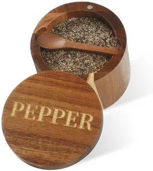 PEPPER Cellar, Acacia Wood Salt Container with Built-in Spoon & Swivel Lid, Engraved PEPPER Box, Salt Holder Bowl for Countertop Seasoning Storage PEPPER Cellar, Acacia Wood Salt Container with Built-in Spoon & Swivel Lid, Engraved PEPPER Box, Salt Holder Bowl for Countertop Seasoning Storage