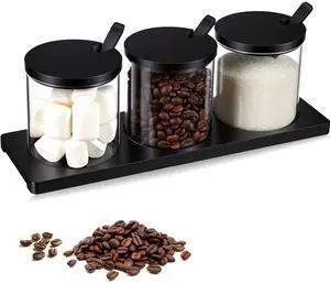 3 Pcs Coffee Bar Accessories Set Glass Condiment Jars with Wooden Lids Spoons Spice Jar with Tray Sugar Tea Containers for Coffee Station Organizer(Classic,Black,10.24" X 3.94" X 3.74") 3 Pcs Coffee Bar Accessories Set Glass Condiment Jars with Wooden Lids Spoons Spice Jar with Tray Sugar Tea Containers for Coffee Station Organizer(Classic,Black,10.24" X 3.94" X 3.74")