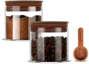 17 oz Coffee Canister with Scoop and Wooden Lids, Airtight Glass Coffee Beans Storage Container Sets of 2 for Ground Coffee,Food Storge Jars for Ground Coffee Bar Cereal Snack 17 oz Coffee Canister with Scoop and Wooden Lids, Airtight Glass Coffee Beans Storage Container Sets of 2 for Ground Coffee,Food Storge Jars for Ground Coffee Bar Cereal Snack