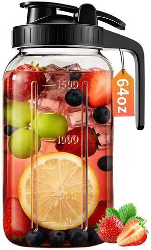 64 oz Mason Jar Pitcher with Lid, Airtight & Leakproof Glass Pitcher 64 oz Mason Jar Pitcher with Lid, Airtight & Leakproof Glass Pitcher
