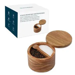 Acacia Wood Salt and Pepper Bowl Box, Built-in Spoon, Two Compartments Spice Seasoning Container, Sea Salt Cellar Holder, Magnetic Swivel Lid, Dual 5oz Capacity Acacia Wood Salt and Pepper Bowl Box, Built-in Spoon, Two Compartments Spice Seasoning Container, Sea Salt Cellar Holder, Magnetic Swivel Lid, Dual 5oz Capacity