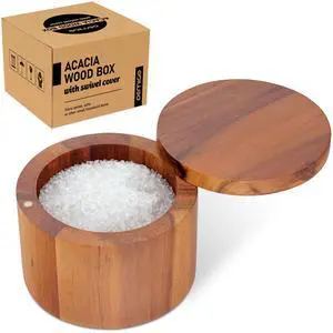Acacia Wood Salt Cellar, 9 oz Salt Box with Swivel Lid, Spice Jar Acacia Wood Salt Cellar, 9 oz Salt Box with Swivel Lid, Spice Jar