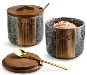 Salt and Pepper Bowl Ceramic, 10 Oz Salt Containers for Countertop Salt Cellar with Wooden Lid and Spoons, Salt and Pepper Set Marble Design, Gray Salt and Pepper Bowl Ceramic, 10 Oz Salt Containers for Countertop Salt Cellar with Wooden Lid and Spoons, Salt and Pepper Set Marble Design, Gray