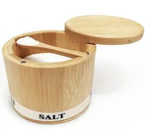 Salt Cellar Bamboo Salt Container with Lid & Spoon for Countertop Salt Cellar Bamboo Salt Container with Lid & Spoon for Countertop