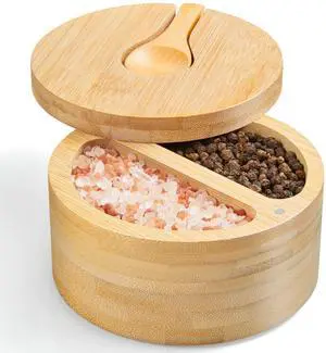 2-Compartment Salt Box with Lid and Spoon, Bamboo Salt Cellar with Swivel Lid, Salt and Pepper Bowls for Salt & Spices, Dual 6 oz Salt Container 2-Compartment Salt Box with Lid and Spoon, Bamboo Salt Cellar with Swivel Lid, Salt and Pepper Bowls for Salt & Spices, Dual 6 oz Salt Container