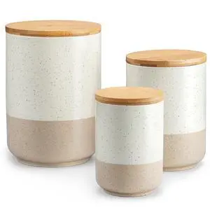 Sabine Kitchen Canister Set of 3, Ceramic Food Storage Containers with Airtight Wood Lids, Countertop & Pantry Organization for Flour, Sugar, Coffee, Tea & Snacks Sabine Kitchen Canister Set of 3, Ceramic Food Storage Containers with Airtight Wood Lids, Countertop & Pantry Organization for Flour, Sugar, Coffee, Tea & Snacks