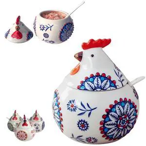 13.5 Oz Salt Cellar With Lid and Spoon (Blue)- Ceramic Chicken Spice Jars for Salt, Sugar, Pepper - Spice Containers for Countertop 13.5 Oz Salt Cellar With Lid and Spoon (Blue)- Ceramic Chicken Spice Jars for Salt, Sugar, Pepper - Spice Containers for Countertop