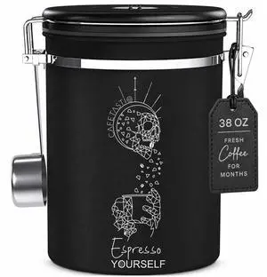Large Coffee Canister Airtight Stainless Steel Storage Container with Date Tracker & Scoop, Sealed Jar for Grounds, Beans, Tea, Flour, Cereal, and Sugar (Black Esspresso, 38OZ) Large Coffee Canister Airtight Stainless Steel Storage Container with Date Tracker & Scoop, Sealed Jar for Grounds, Beans, Tea, Flour, Cereal, and Sugar (Black Esspresso, 38OZ)