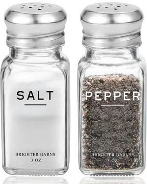 Glass Salt and Pepper Shakers Set by Brighter Barns - Modern Kitchen Decor, Dining Table Countertop Accessory - Rustic, Farmhouse, Vintage Glass Shakers with Stainless Steel Lids for Home, Restaurant Glass Salt and Pepper Shakers Set by Brighter Barns - Modern Kitchen Decor, Dining Table Countertop Accessory - Rustic, Farmhouse, Vintage Glass Shakers with Stainless Steel Lids for Home, Restaurant