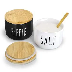 Salt And Pepper Containers,12 oz Salt Containers For Countertop,Stacked Ceramic Cellar With Bamboo Lid, Spice Box With Spoon,Seasoning Holder with lid,Ceramic Bowls (B&W) Salt And Pepper Containers,12 oz Salt Containers For Countertop,Stacked Ceramic Cellar With Bamboo Lid, Spice Box With Spoon,Seasoning Holder with lid,Ceramic Bowls (B&W)