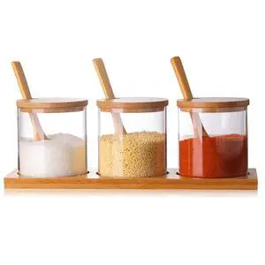 3 PCS Stylish Simple Condiment Canisters Pots Set, Decorative Storage Seasoning Glass Container Box with Bamboo Spoon Lid and Base for Home Kitchen café Storing Salt Sugar Pepper Spice 3 PCS Stylish Simple Condiment Canisters Pots Set, Decorative Storage Seasoning Glass Container Box with Bamboo Spoon Lid and Base for Home Kitchen café Storing Salt Sugar Pepper Spice